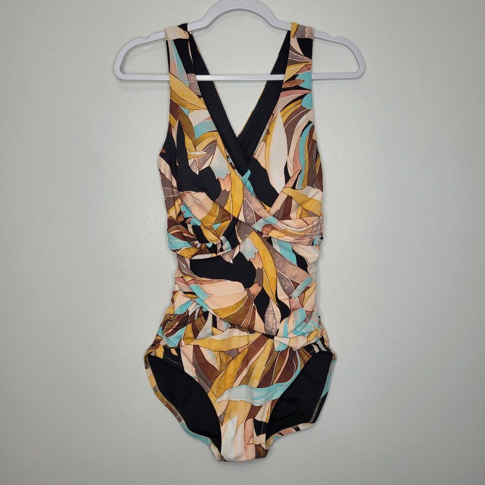 Calia tan blue abstract print one piece wire padded vacation swimsuit size 12